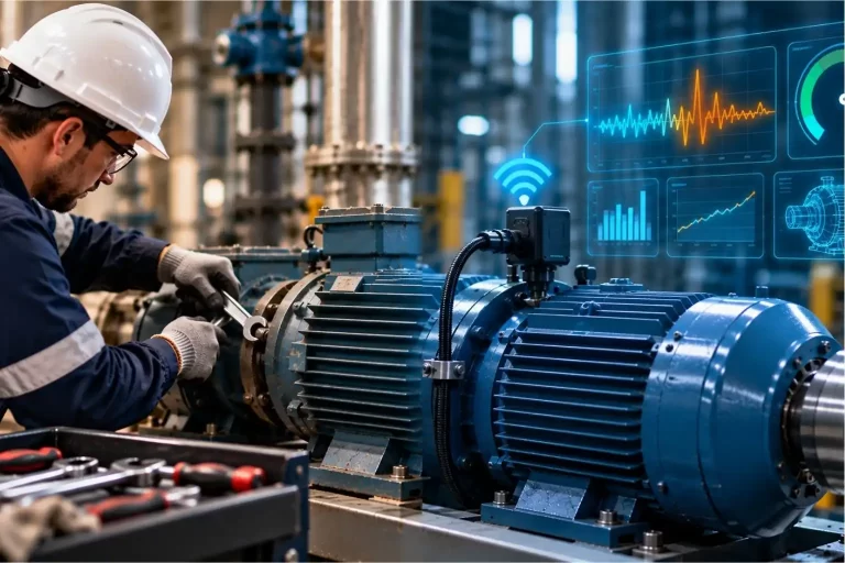 Technician servicing a motor with digital monitoring systems.