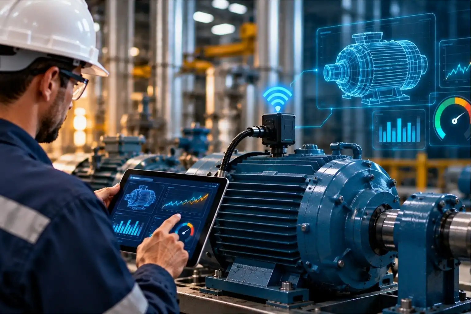 Engineer using a tablet to monitor industrial motor performance.